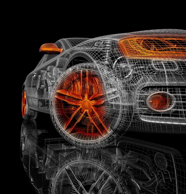 Technische Fahrzeugskizze in Orange und Weiß auf schwarzem Hintergrund
